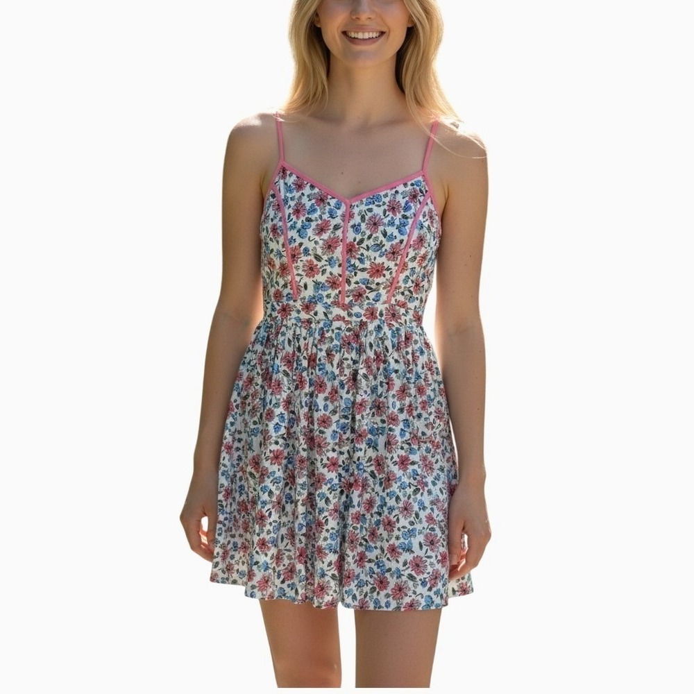 Lovposh Mini Dress‎ L Floral Pink Trim Side Zip Open Back Balletcore Cottagecore